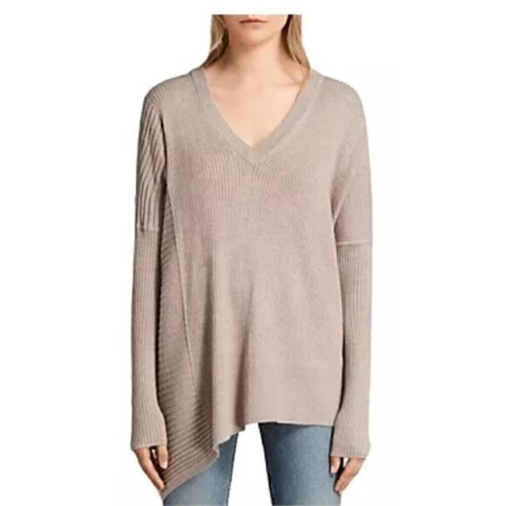 Allsaints Keld Olivo V Neck Ribbed Wool Blend Sweater - XS/S, OVERSIZED!